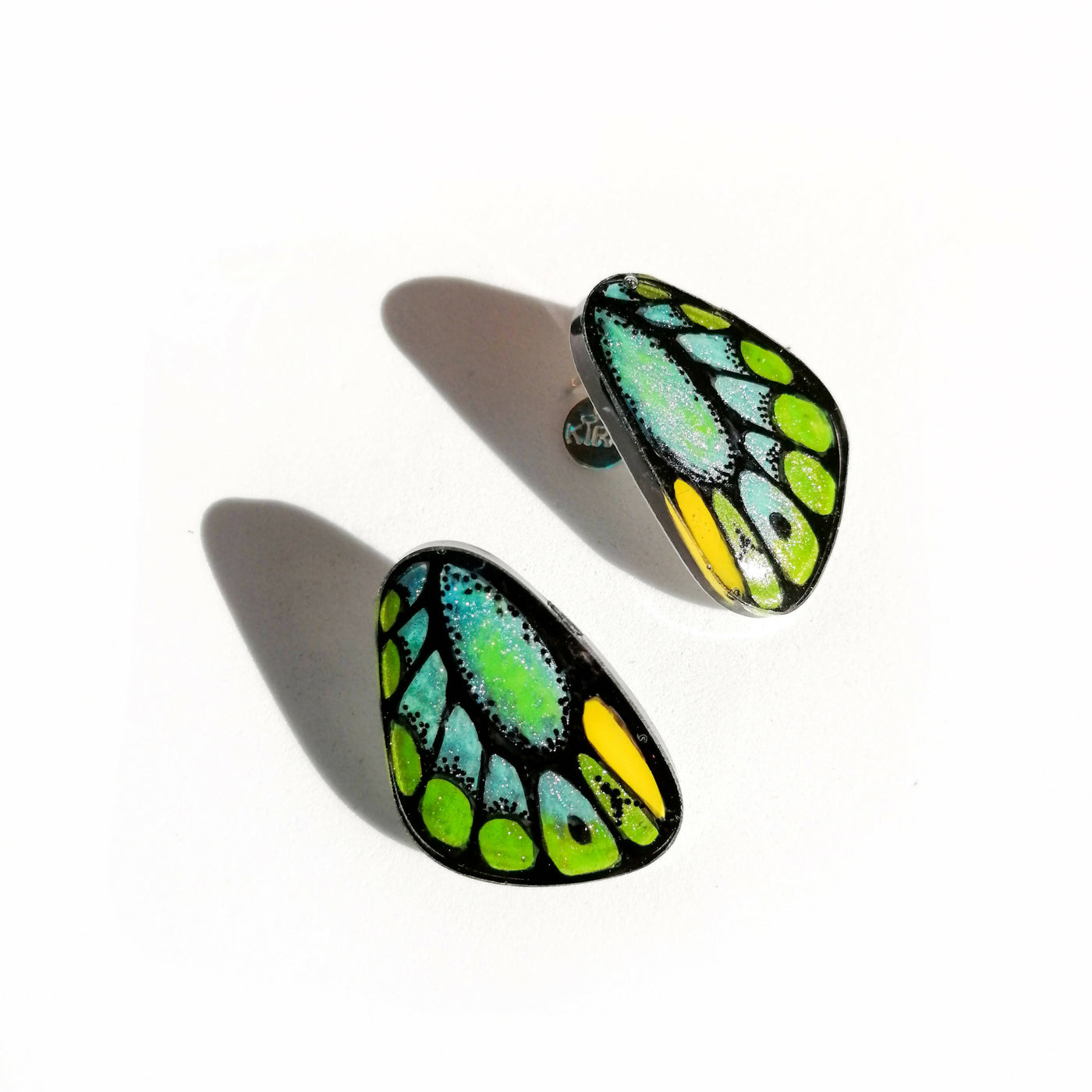 Pointed Half Butterfly Green Bird Wing Earrings